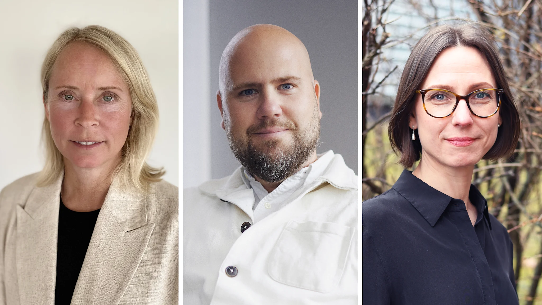 Porträtt av tre personer i professionella kläder, med ansikten som är suddiga.