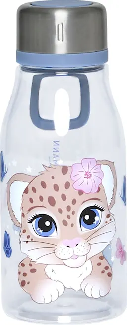 Drikkeflaske med en søt leoparddesign og blomster, laget av gjennomsiktig plast med metallokk.