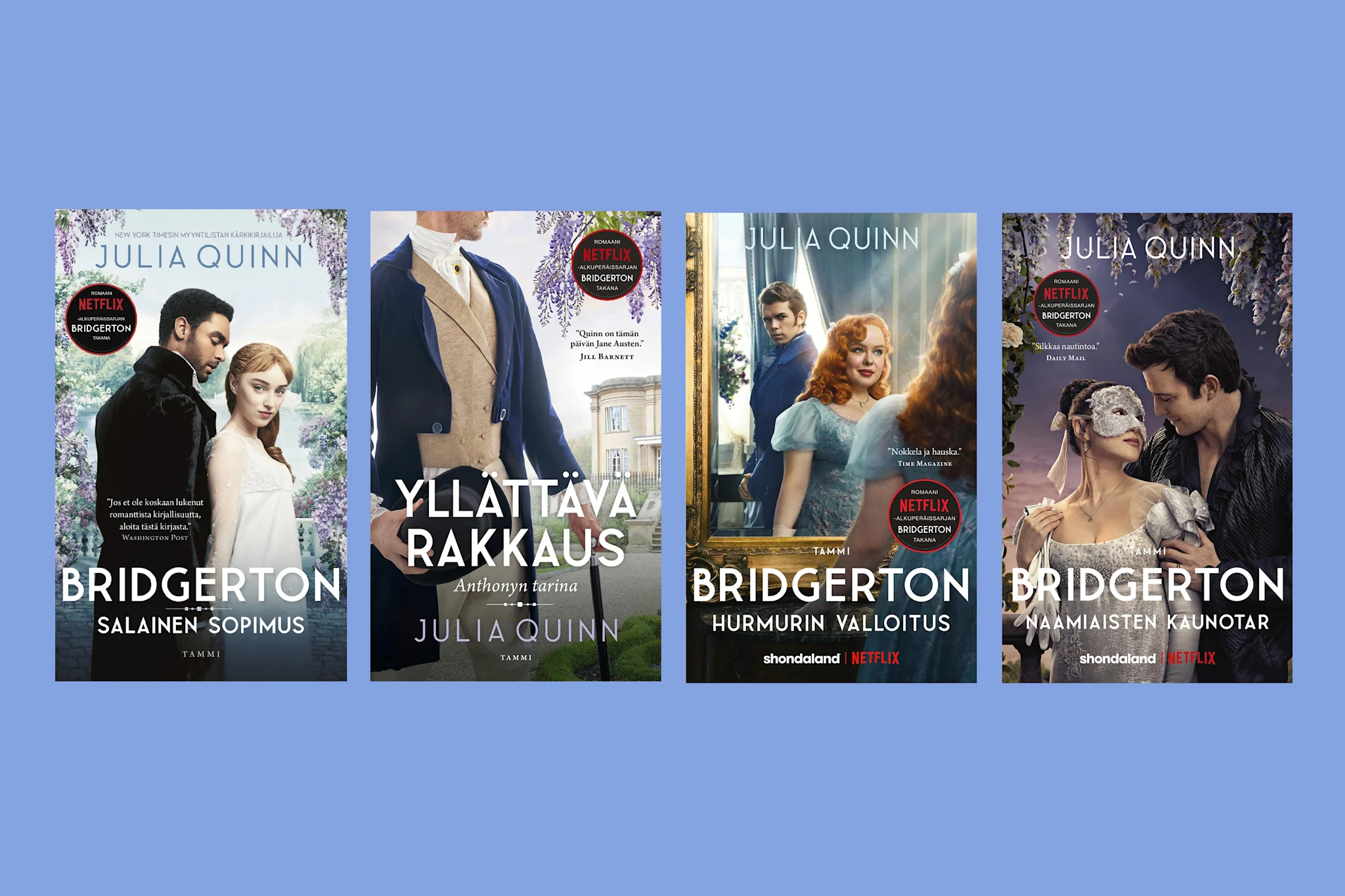 Bridgerton-sarjan kirjan kansia Julia Quinnilta, useita titteleitä vierekkäin.