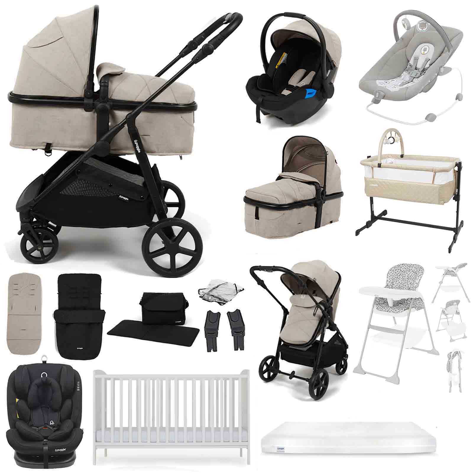 Puggle Monaco XT 2-in-1 Travel System with Henbury Cot Bed & Fibre Mattress 15-Piece Bundle - Cashmere