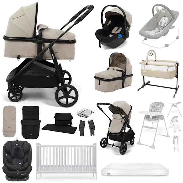 Puggle Monaco XT 2-in-1 Travel System with Henbury Cot Bed & Fibre Mattress 15-Piece Bundle - Cashmere
