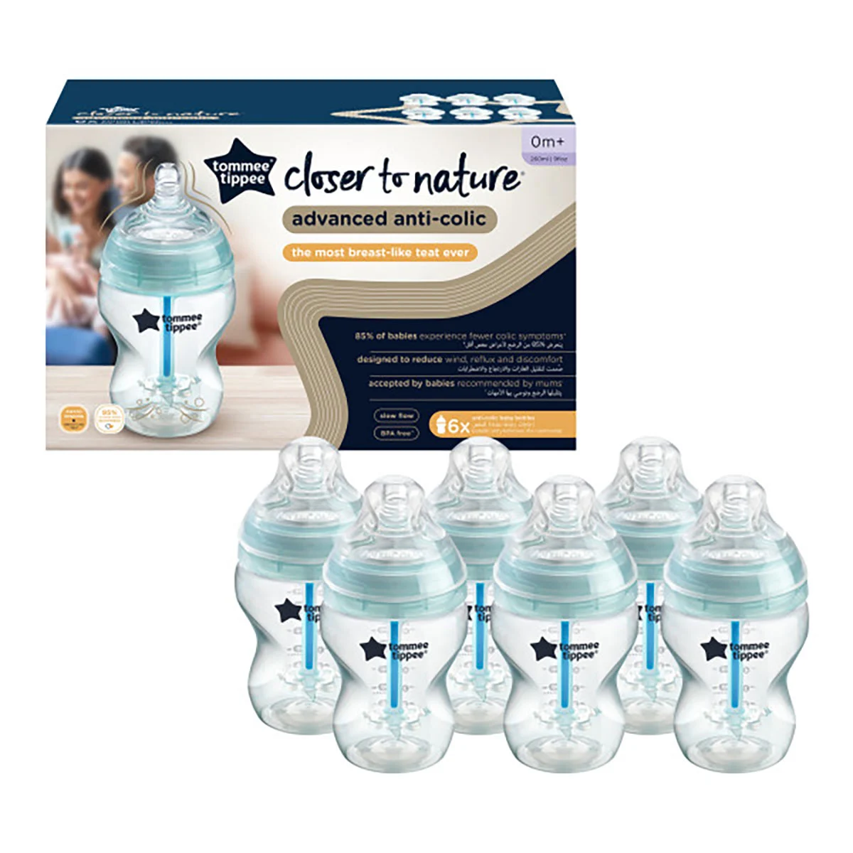 Tommee Tippee Closer To Nature 6 Pack 260ml Anti colic Baby Bottles Clear Teal The Nursery Store