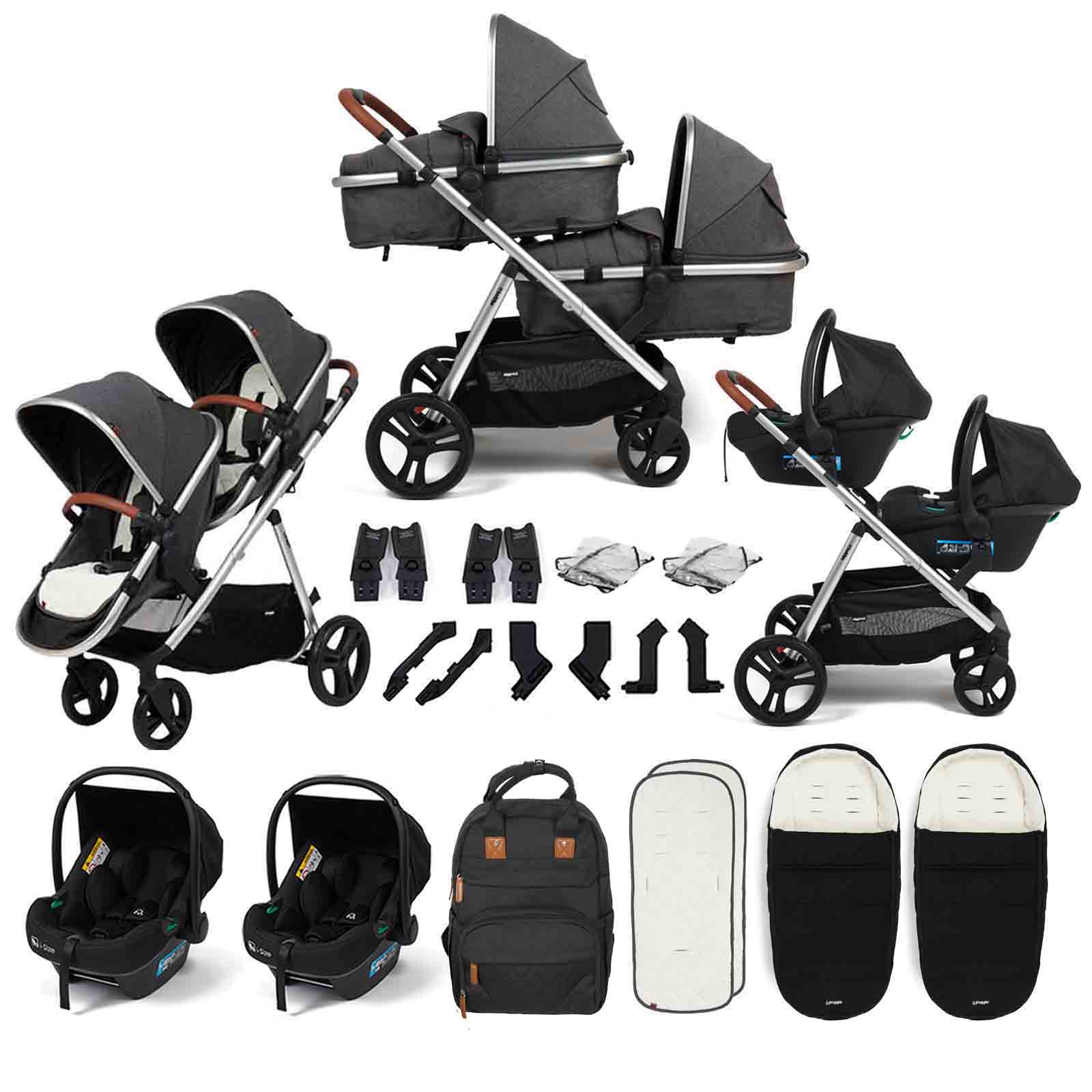 Memphis 2 1 Duo Double Twin Travel System 2 i Car Seats 2 Footmuffs & Bag Platinum