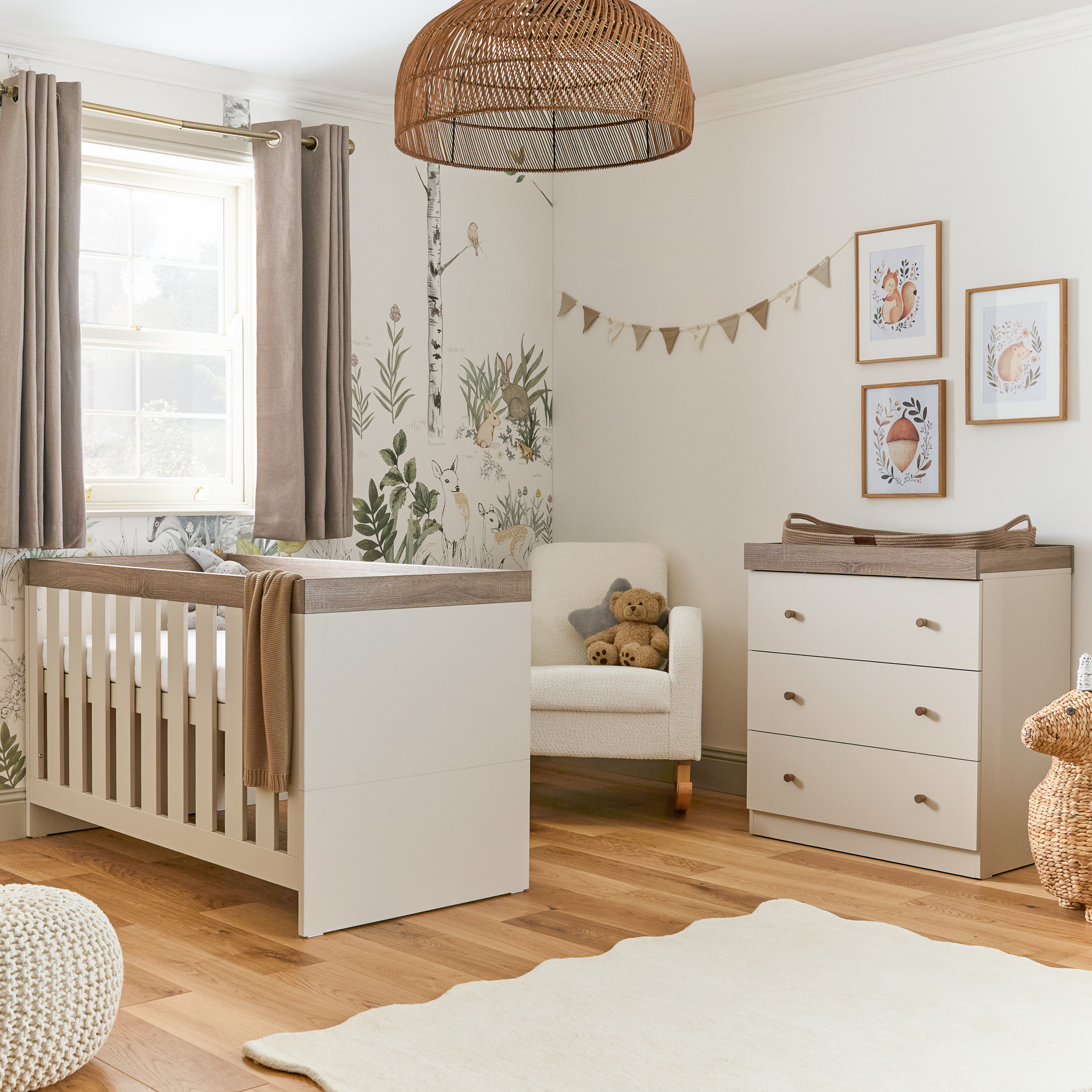 Budworth 3 Piece Cot Bed Dresser Changer & 10cm Eco Fibre Mattress Cashmere Truffle Oak