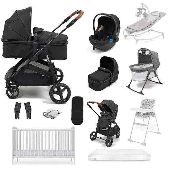 Puggle Monaco XT 2-in-1 Travel System with Cot Bed & Mattress, 10 Pcs Everything You Need Bundle-Storm Black