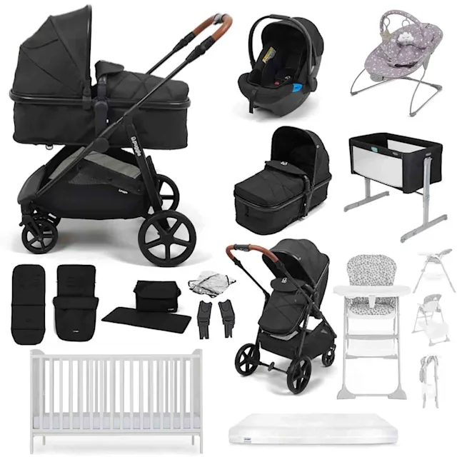 Puggle Monaco XT 2-in-1 Travel System with Henbury Cot Bed & Eco Fibre Mattress 14-Piece Bundle - Storm Black