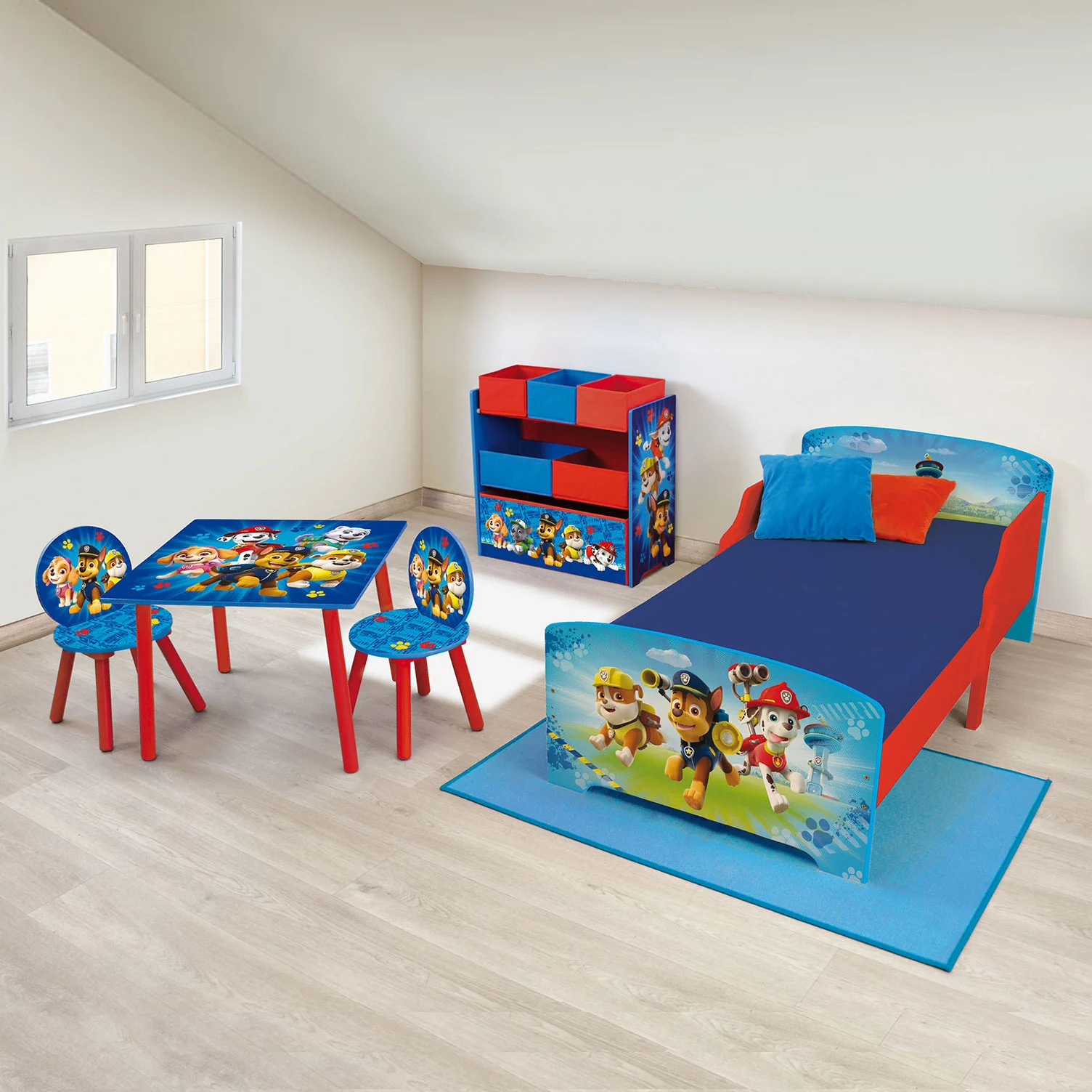 Paw Patrol Wooden Junior Toddler Bed Toy Organiser and Table Chairs Set with Eco Fibre Mattress Blue The Nursery Store