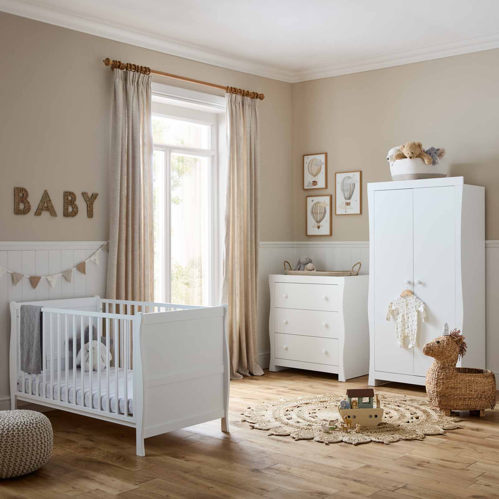 Puggle Alderley Cot Bed with Dresser Changer, Wardrobe & Maxi Air Cool Sprung Mattress - Classic White