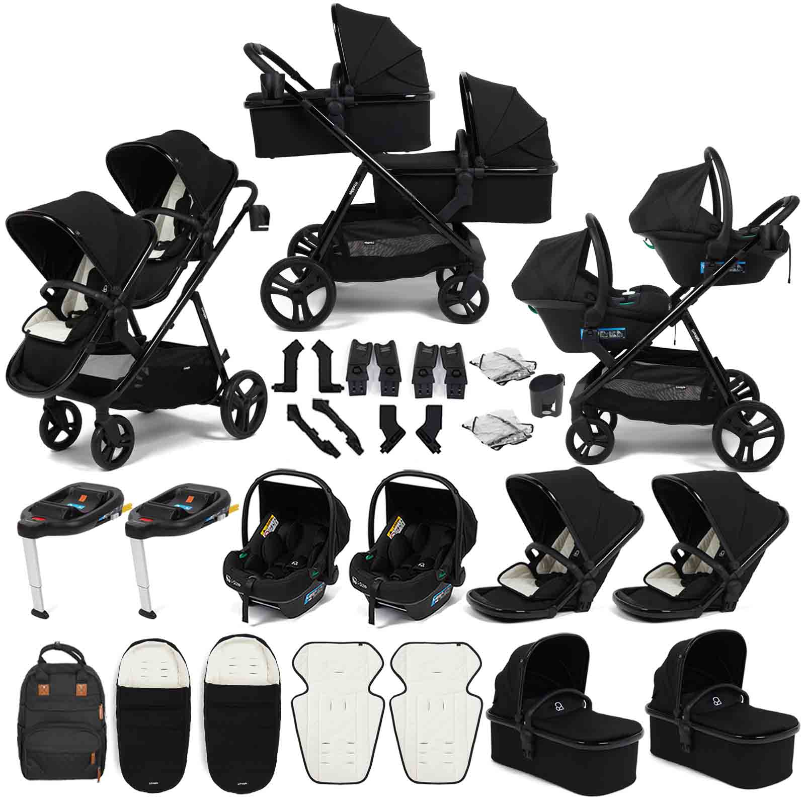 Puggle Memphis 3-in-1 Duo Double Twin Travel System with Carrycots, Bases, Footmuffs & Bag-Midnight Black Luxe
