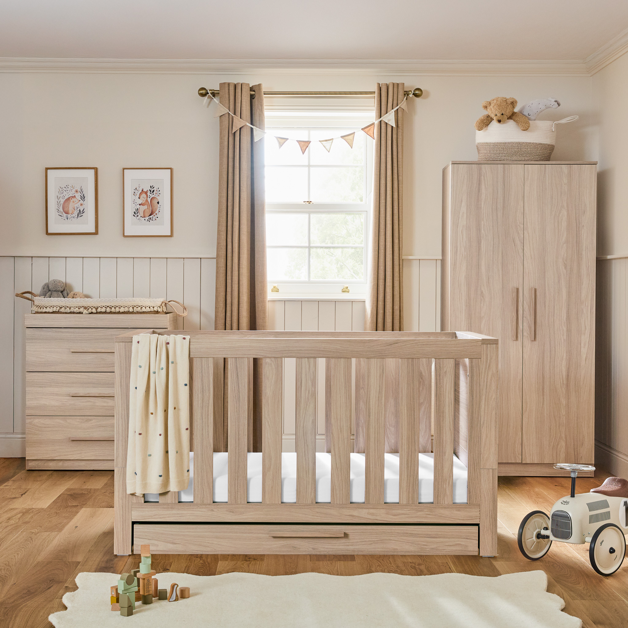 Puggle Durham 5-Piece Cot Bed with Underbed Drawer, Dresser Changer, Wardrobe & Eco Fibre Mattress - Light Oak