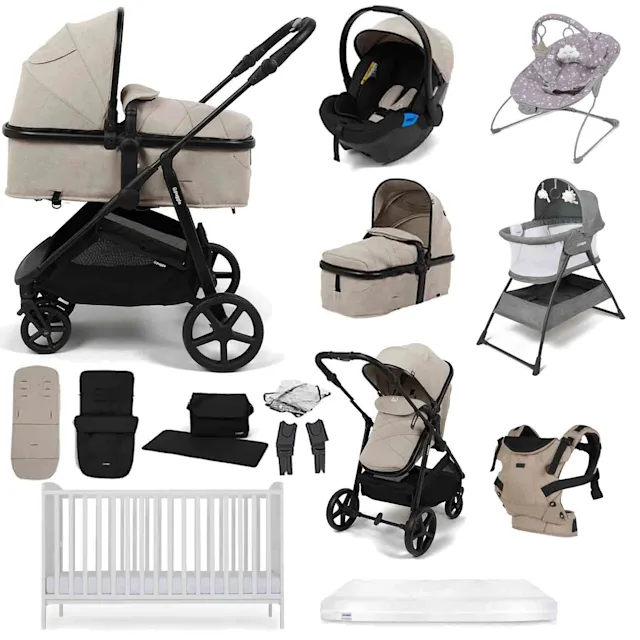 Puggle Monaco XT 2-in-1 Travel System with Henbury Cot Bed & Eco Fibre Mattress 14-Piece Bundle - Cashmere