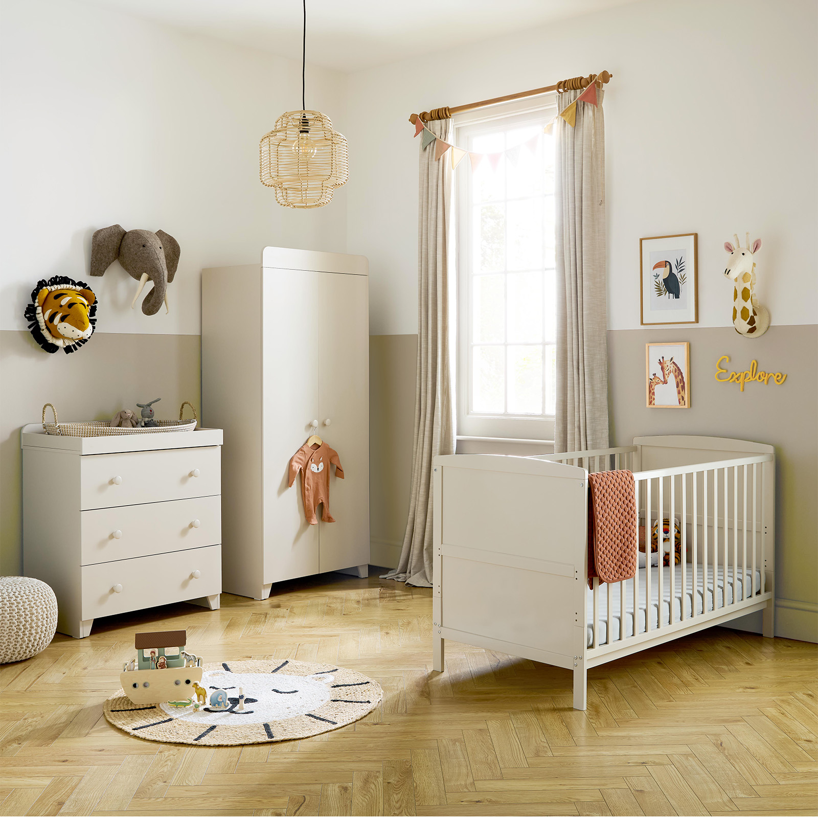 Puggle Henbury Cot Bed with Dresser, Wardrobe & Fibre Mattress, 4-Piece Nursery Furniture Set - Cashmere