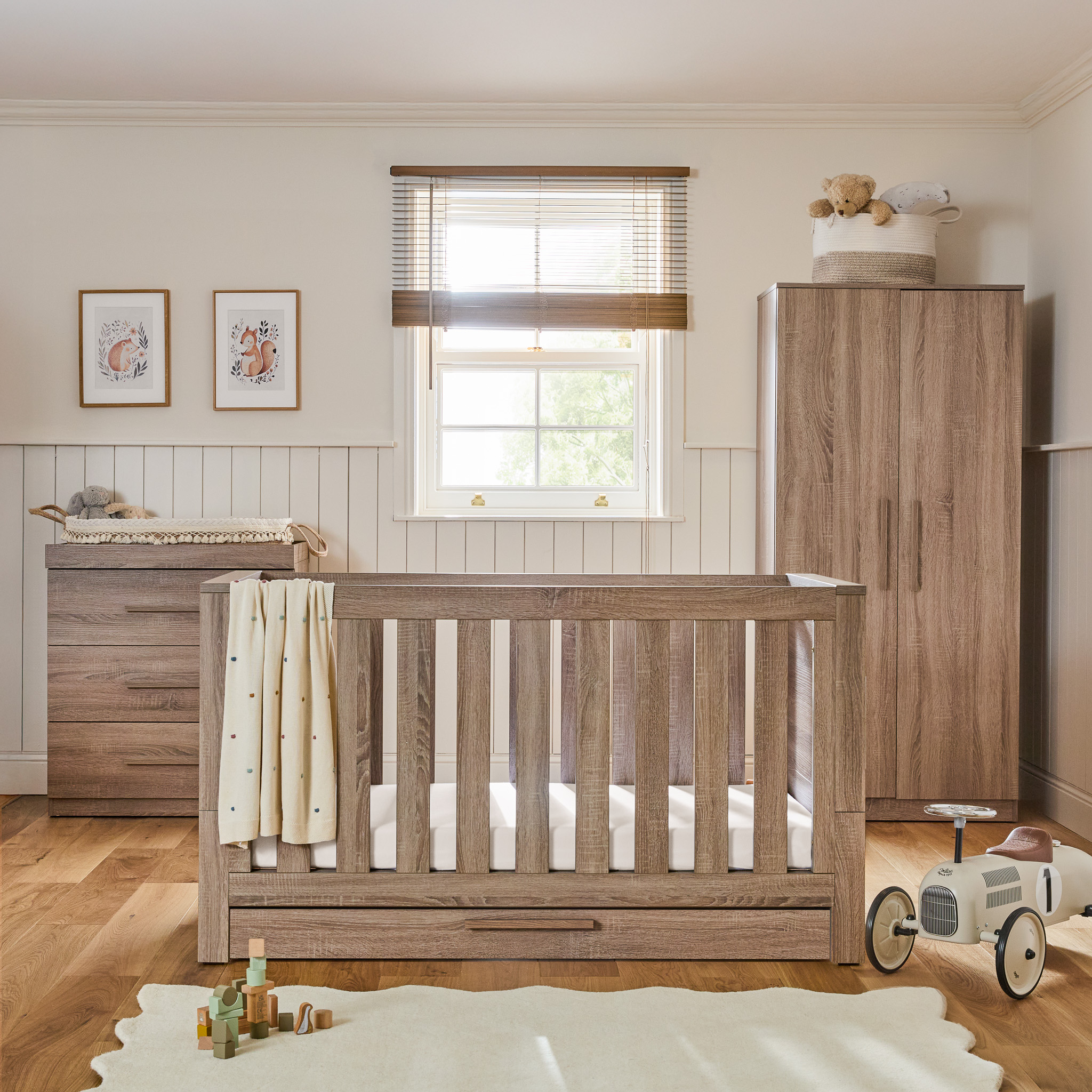 Puggle Durham 5-Piece Cot Bed with Underbed Drawer, Dresser Changer, Wardrobe & Sprung Mattress - Truffle Oak