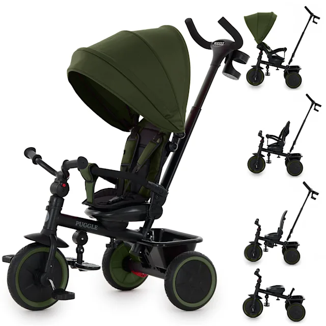 Puggle Active Spin  6-in-1  Folding Trike with Parent Handle - Khaki (9 Months - 5 Years)