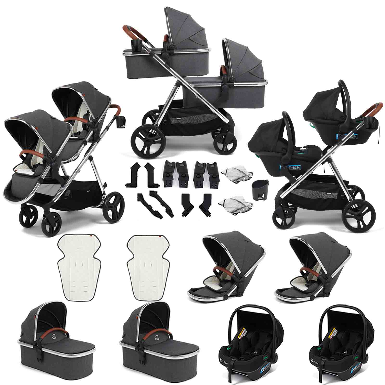 Puggle Memphis 3-in-1 Duo Double Twin Travel System with i-Size Car Seats & Carrycots - Platinum Grey Luxe