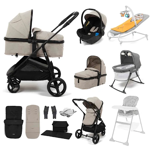 Puggle Monaco XT 2-in-1 Travel System with Car Seat, 10 Pcs Everything You Need Bundle - Cashmere