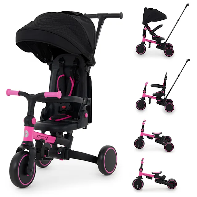 Puggle Spin Lite 6-in-1 Lightweight Folding Trike & Balance Bike with Handle - Hot Pink (10 Months - 5 Years)