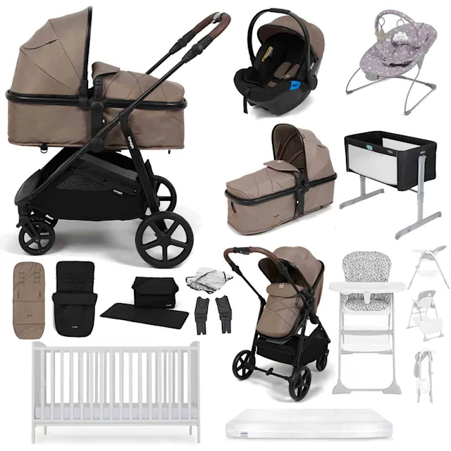 Puggle Monaco XT 2-in-1 Travel System with Henbury Cot Bed & Eco Fibre Mattress 14-Piece Bundle - Truffle 