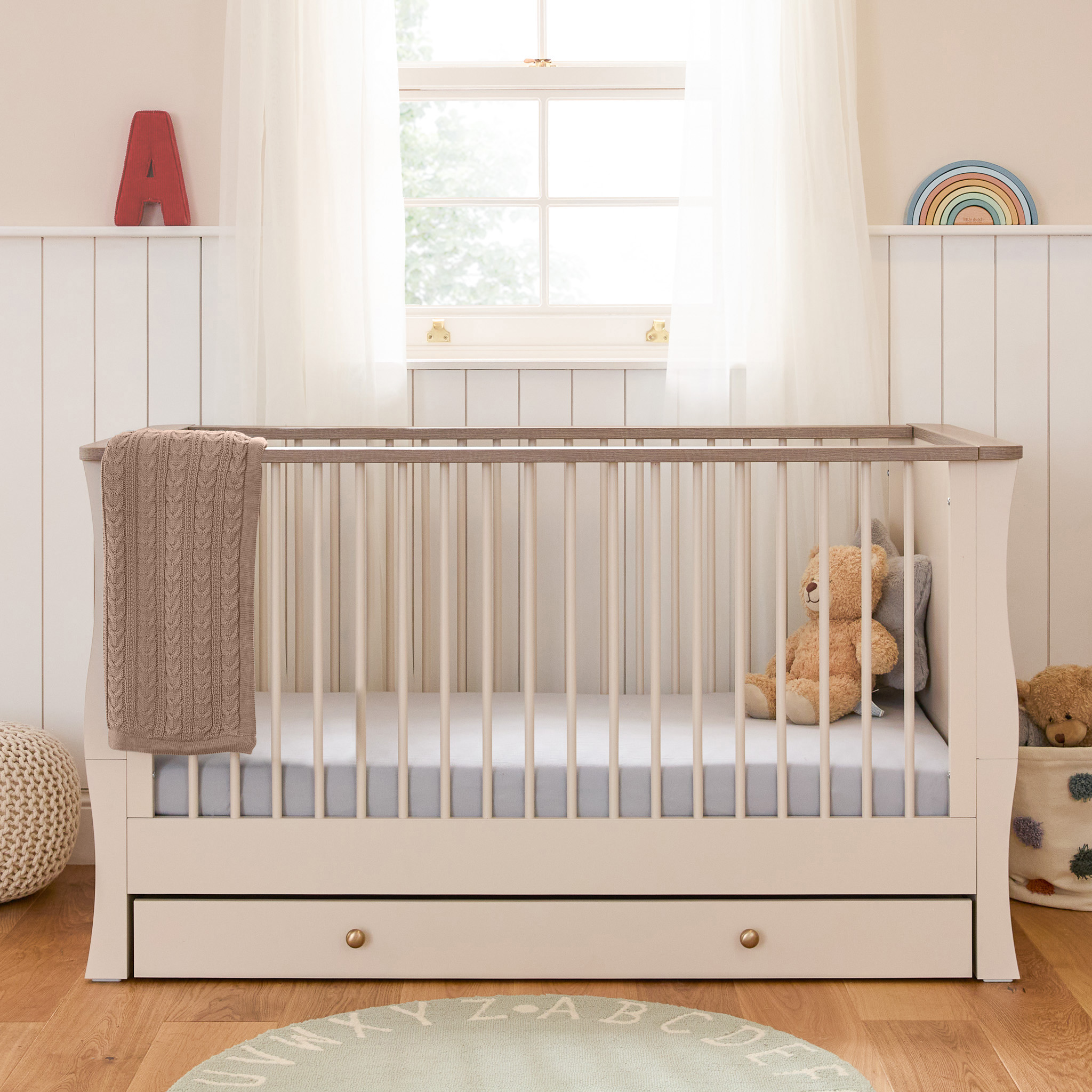 Mayfair 3 Piece CotBed Underbed Drawer & 10cm Eco Fibre Mattress Cashmere Truffle Oak