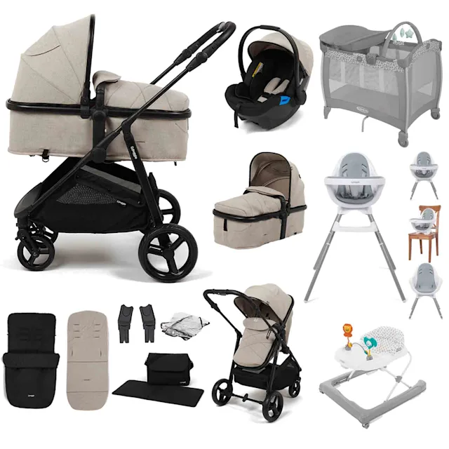 Puggle Monaco XT 2-in-1 Travel System with Car Seat, 10 Pcs Everything You Need Bundle - Cashmere