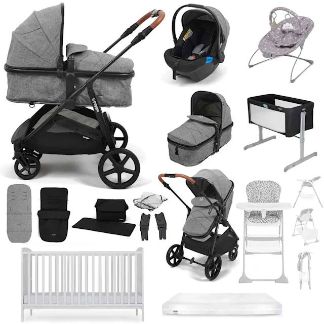 Puggle Monaco XT 2-in-1 Travel System with Henbury Cot Bed & Eco Fibre Mattress 14-Piece Bundle- Graphite Grey