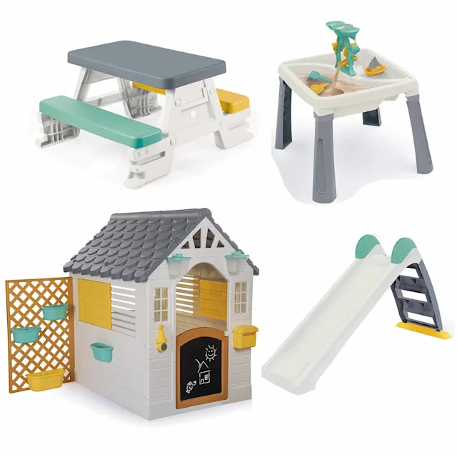 Dolu Playhouse with Fence, Water Slide, Water & Sand Activity Table & Picnic Table 4-Piece Bundle - Grey (2+ Years)