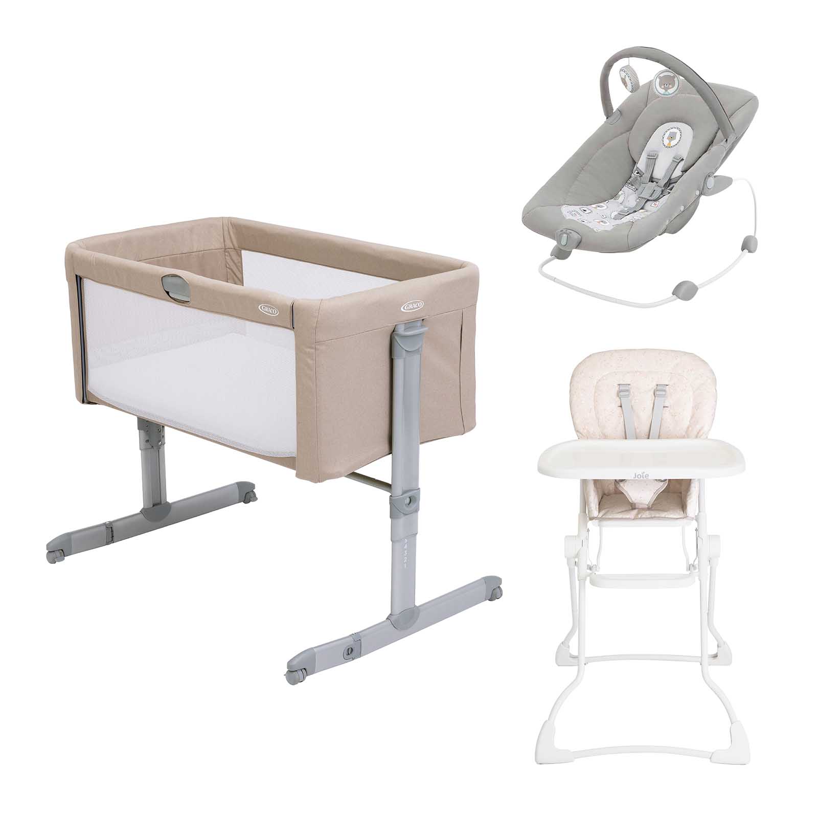 Crib Joie Highchair & Bouncer 3 Piece Bundle Oatmeal Fleck Portrait