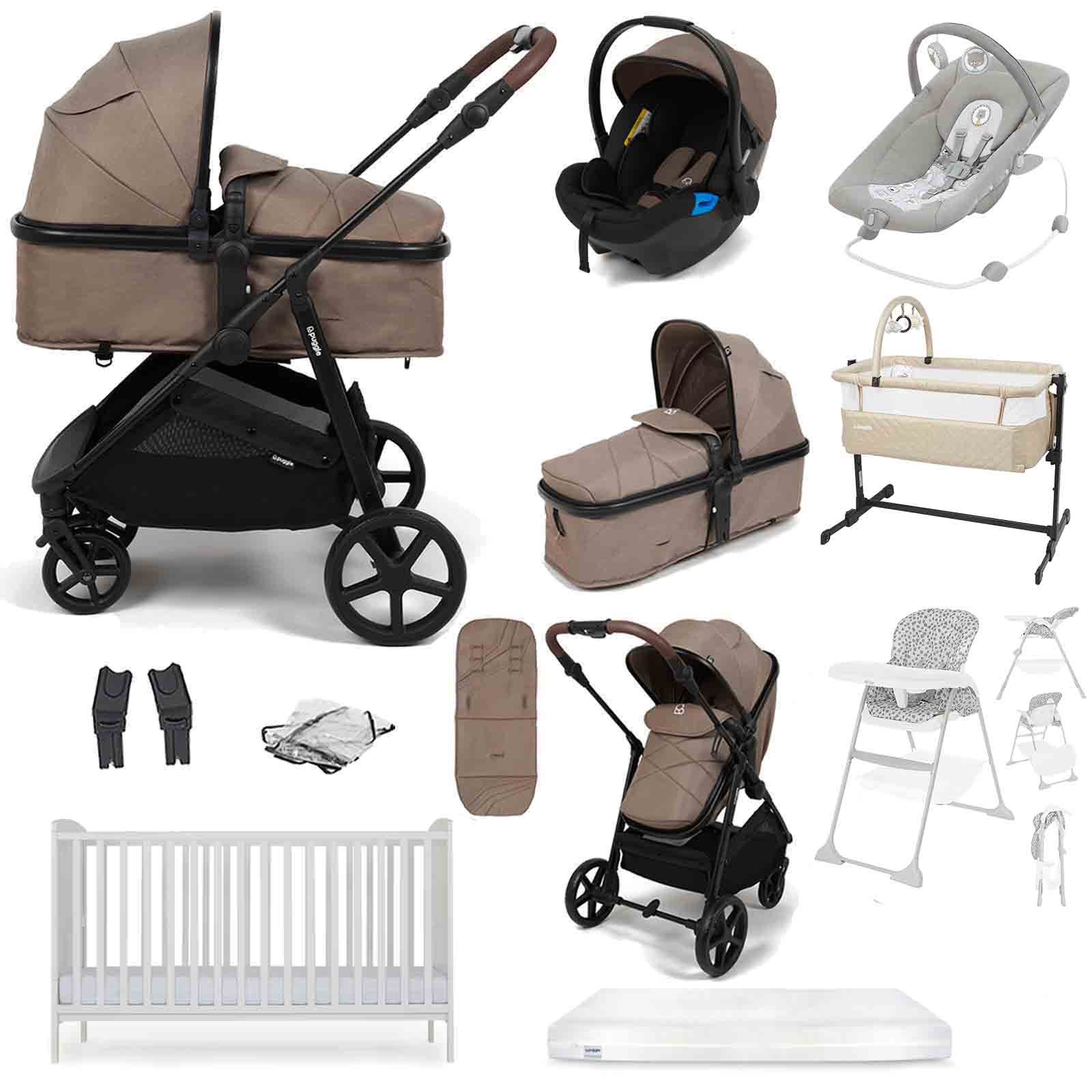 Puggle Monaco XT Travel System with Cot Bed & Mattress, 11 Pcs Everything You Need Bundle - Truffle