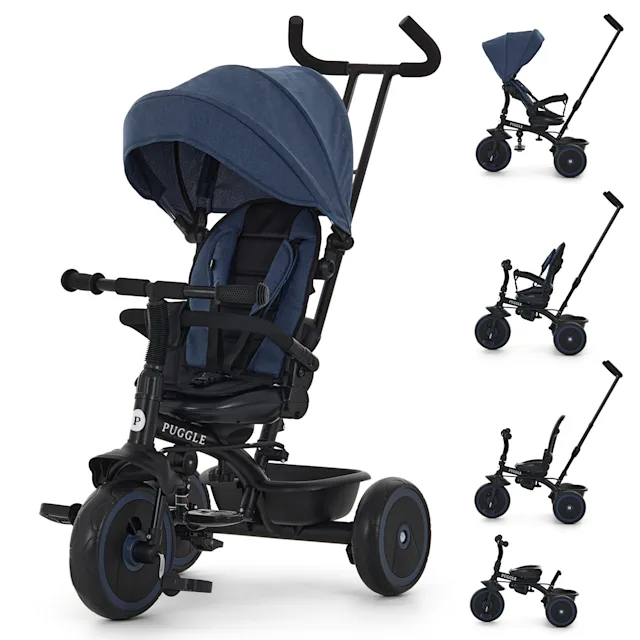 Puggle Easy Twist 6-in-1 Folding Trike with Parent Handle - Denim Blue (9 Months - 5 Years)