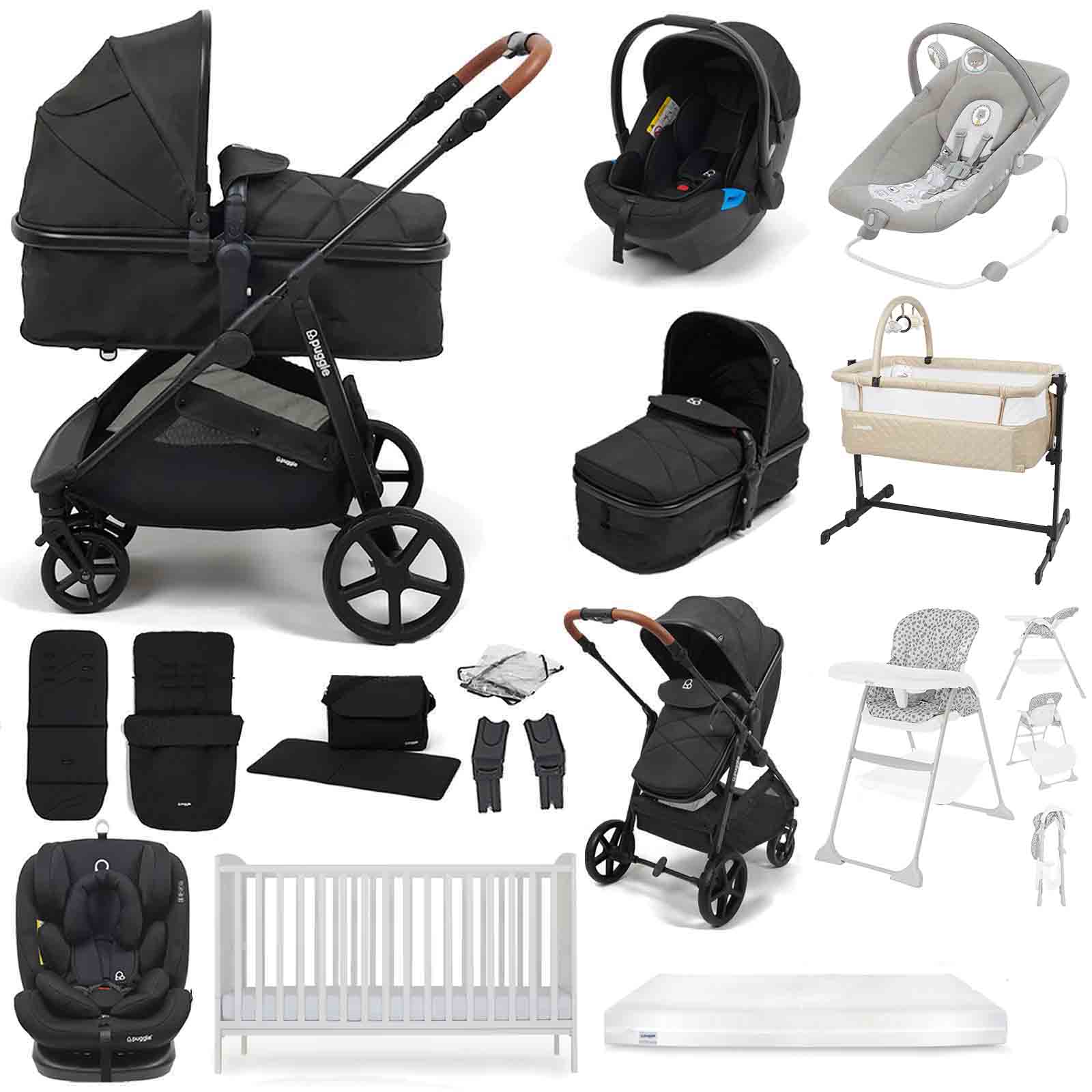Puggle Monaco XT 2-in-1 Travel System with Henbury Cot Bed & Fibre Mattress 15-Piece Bundle - Storm Black