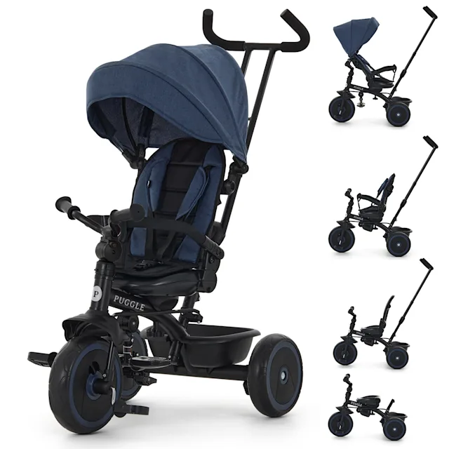 Puggle Easy Twist 6-in-1 Folding Trike with Parent Handle - Denim Blue (9 Months - 5 Years)