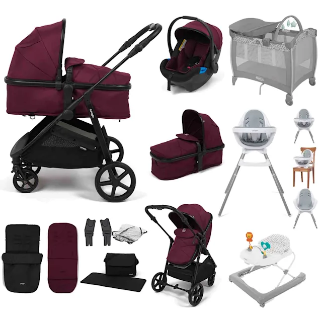 Puggle Monaco XT 2-in-1 Travel System with Car Seat, 10 Pcs Everything You Need Bundle - Burgundy