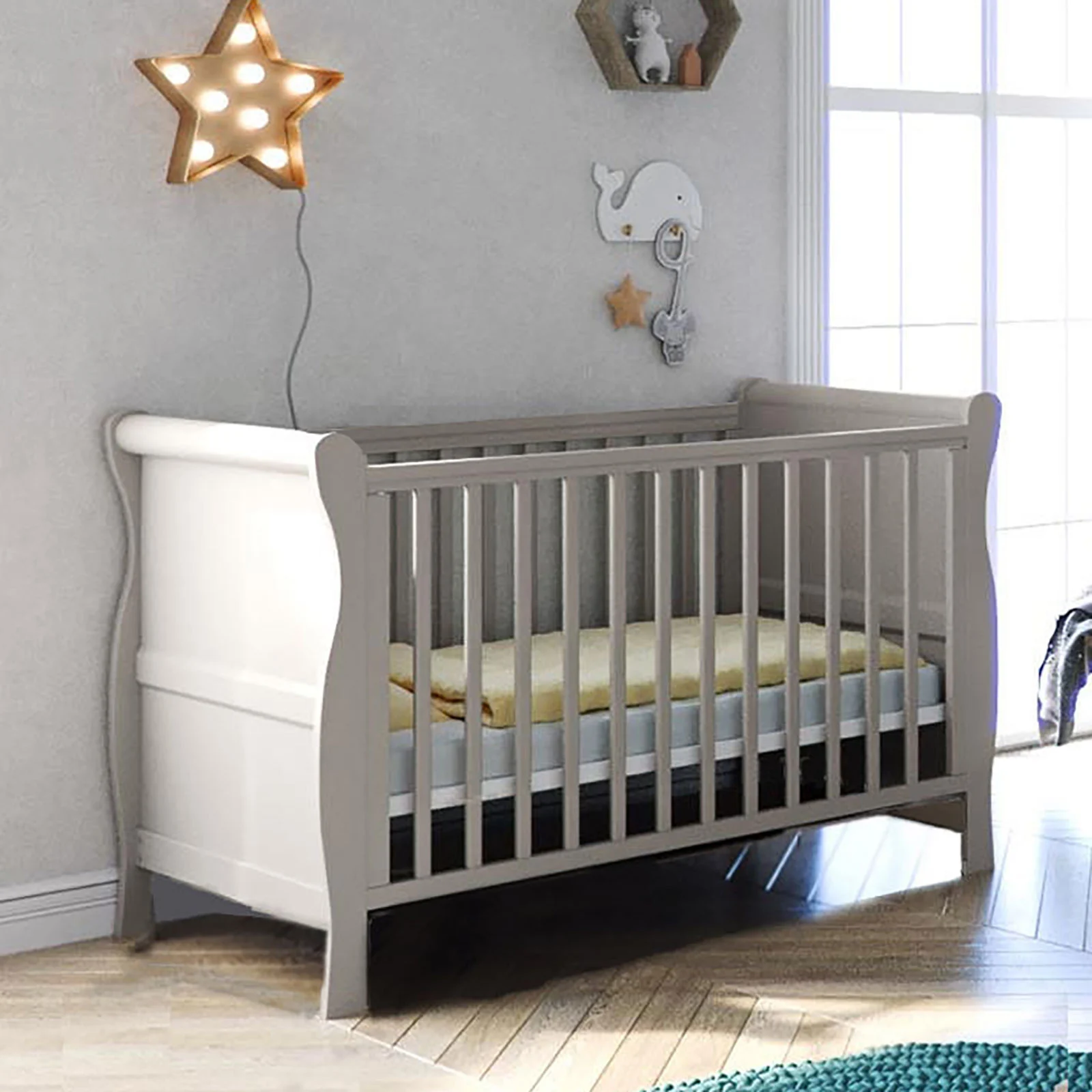 Puggle Alderley Sleigh Cot Bed with 10cm Maxi Air Cool Sprung Mattress Grey The Nursery Store