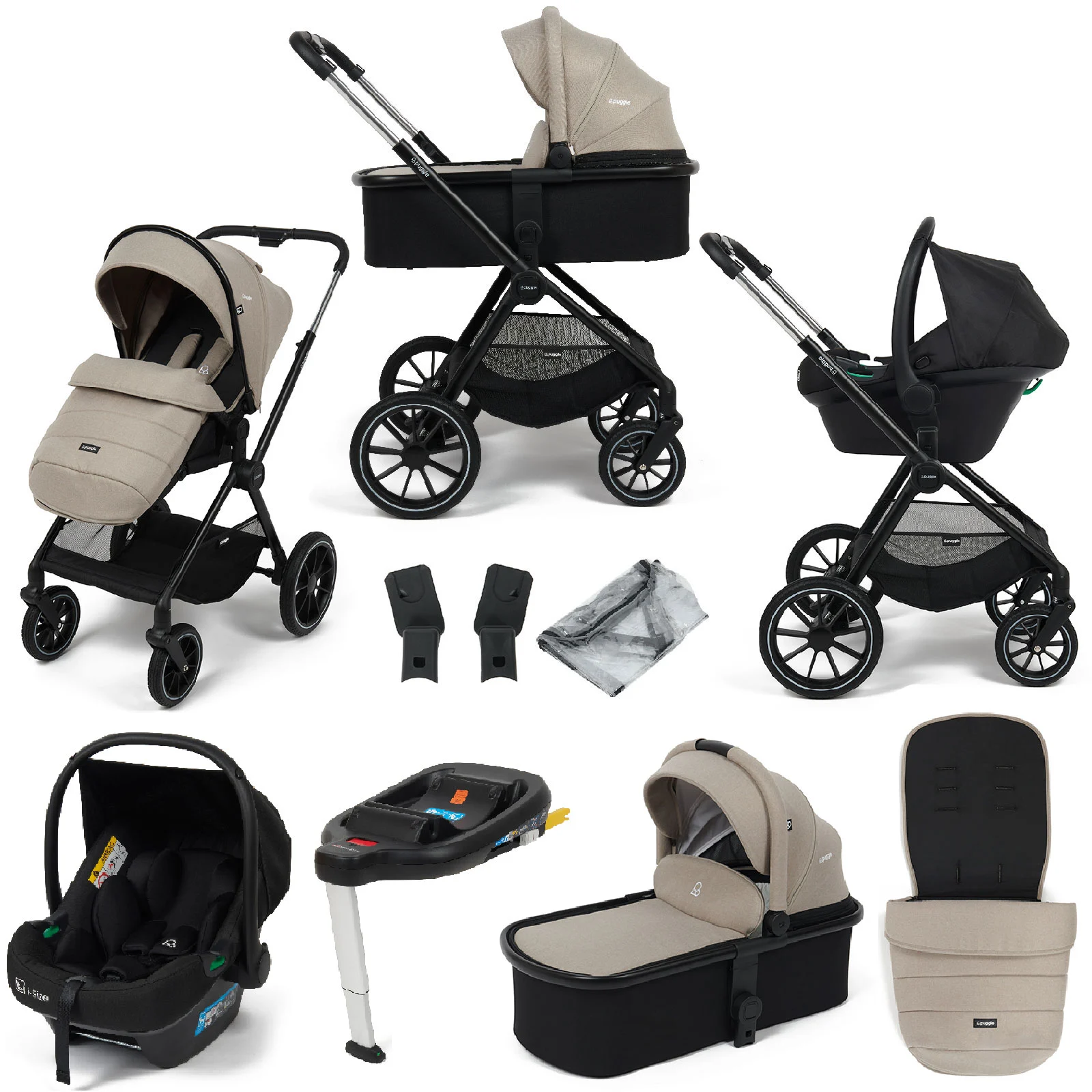 Puggle Santiago 3 in 1 i Size Travel System With Carrycot Safe Fit i Size Base Oatmeal Beige The Nursery Store