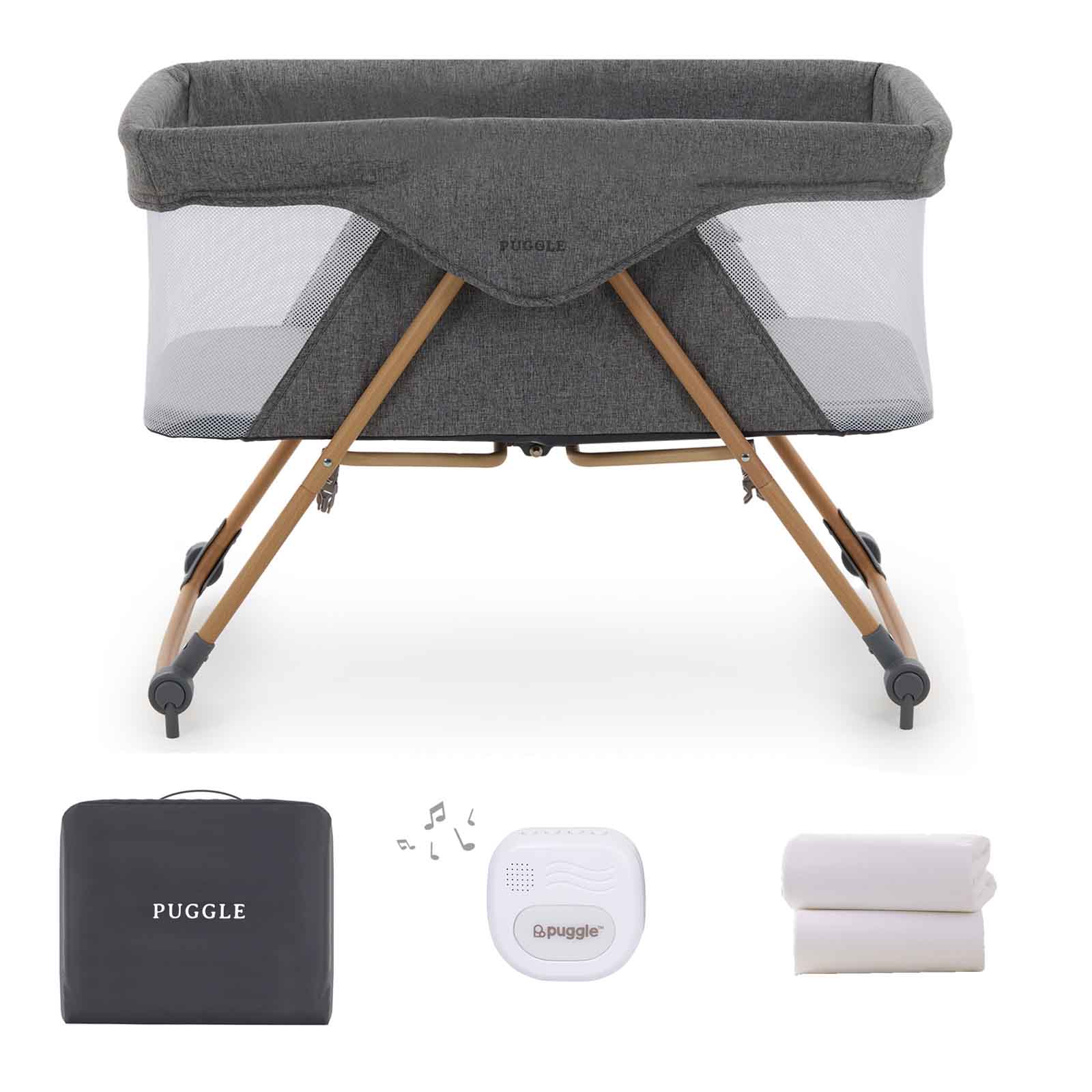 Puggle Sleepy XL Folding Bedside Rocking Crib 6-Piece Bundle - Melange Grey