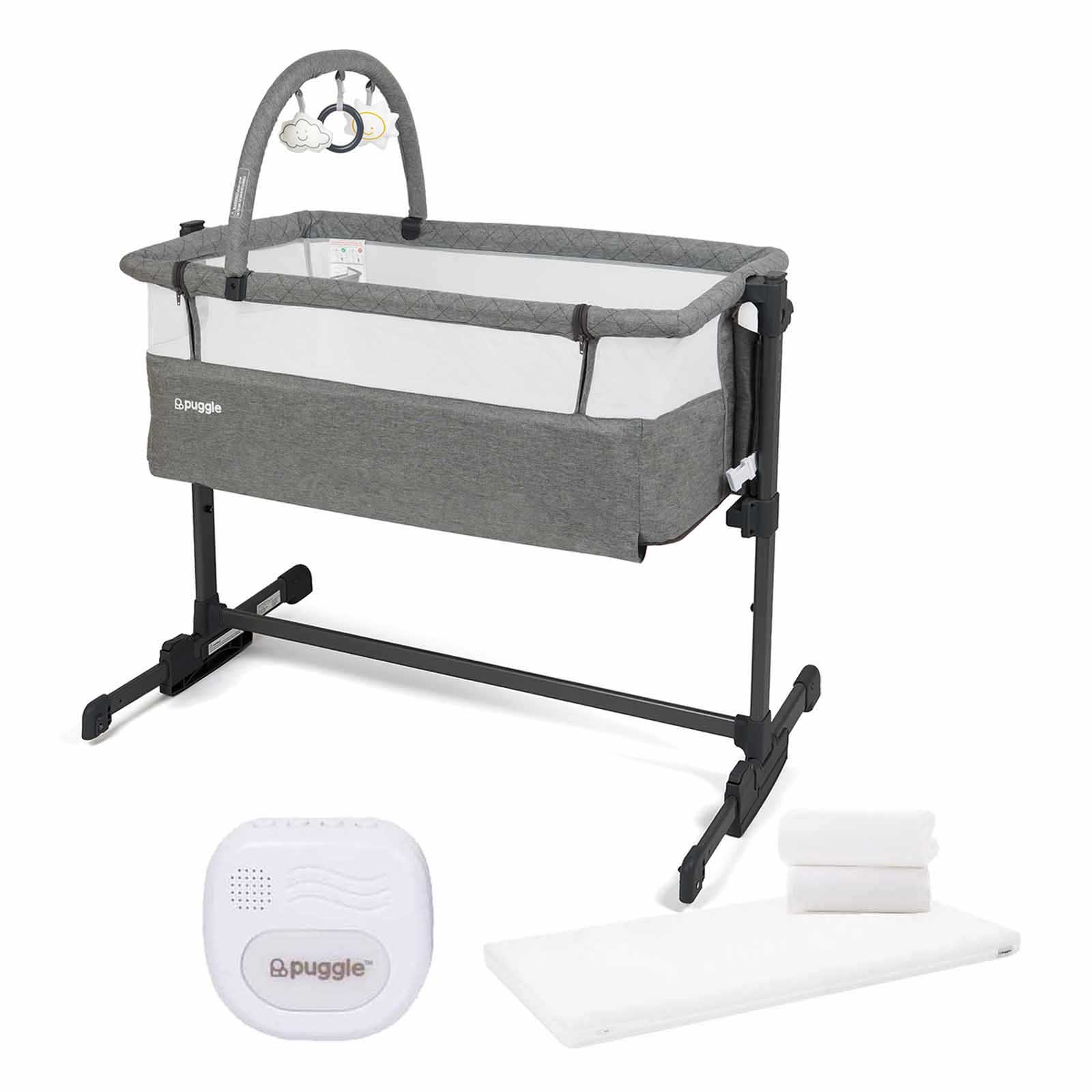 Puggle Sleepy Rocking Bedside Crib with Fitted Sheet & Sound Box with Nightlight and Vibration - Anthracite