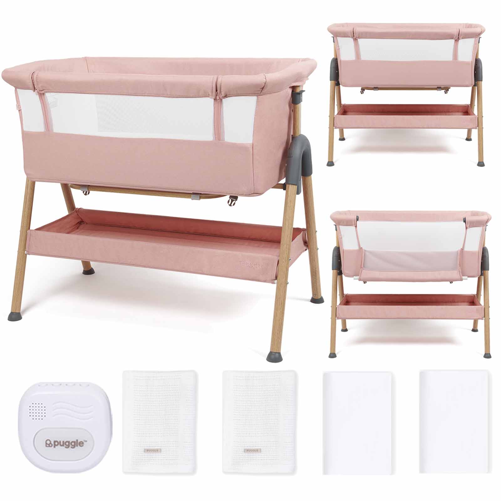 Puggle Dreamy Beside Crib with Bedding Starter Set & Musical Vibration Night Light, 6-Piece Bundle - Pink