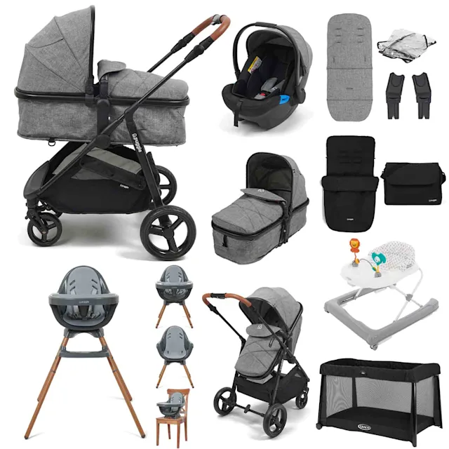 Puggle Monaco XT 2-in-1 Travel System with Car Seat, 10 Pcs Everything You Need Bundle - Graphite Grey