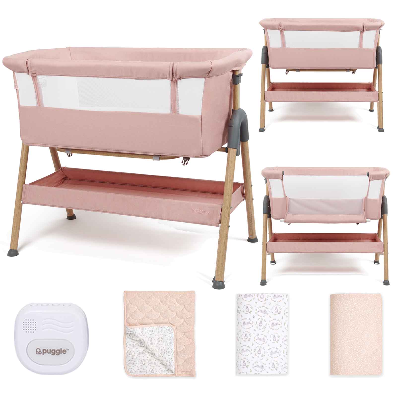 Puggle Dreamy Beside Crib with Musical Night Light & Wild At Heart Bedding Set, 5-Piece Bundle - Pink