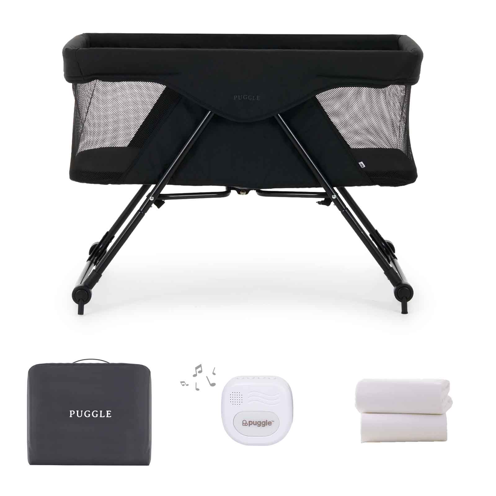 Puggle Sleepy XL Folding Bedside Rocking Crib 6-Piece Bundle - Midnight Black
