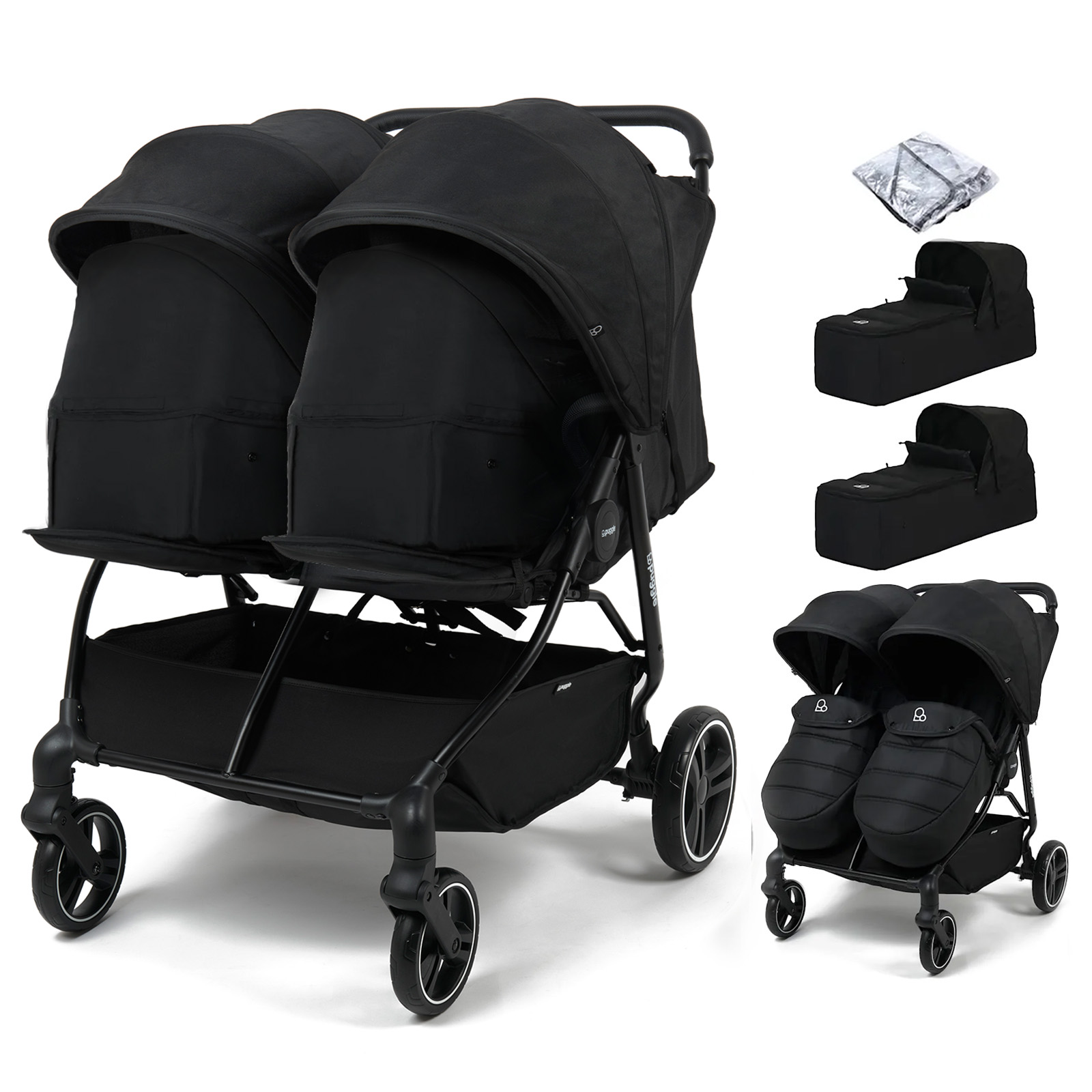 Puggle Urban City Easyfold Twin Double Pushchair with Footmuff & 2 Soft Carrycots - Storm Black