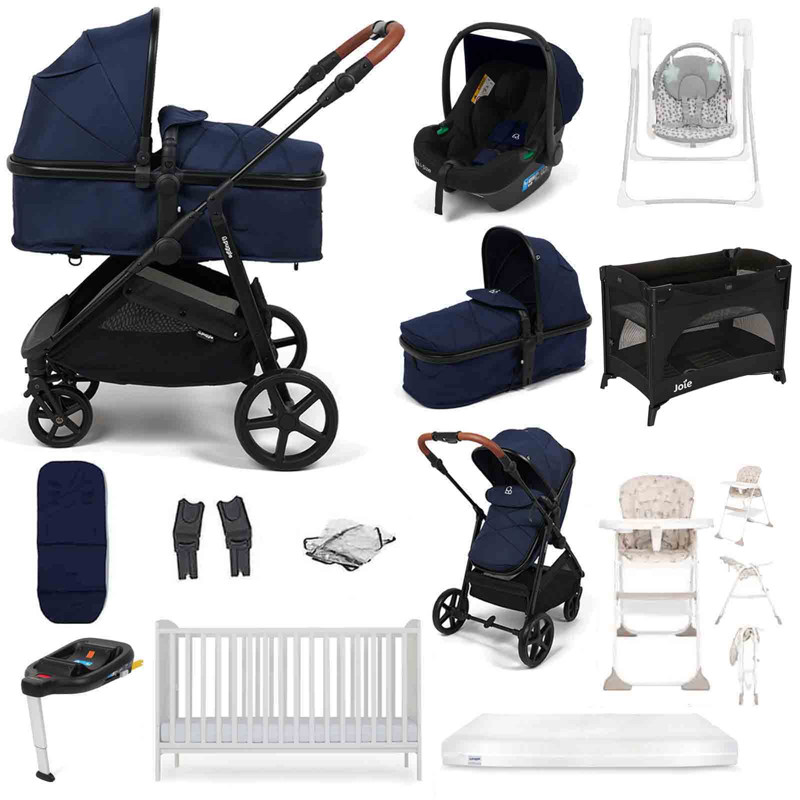 Puggle Monaco XT i-Size Travel System with Henbury Cot Bed & Mattress 11-Piece Bundle - Navy
