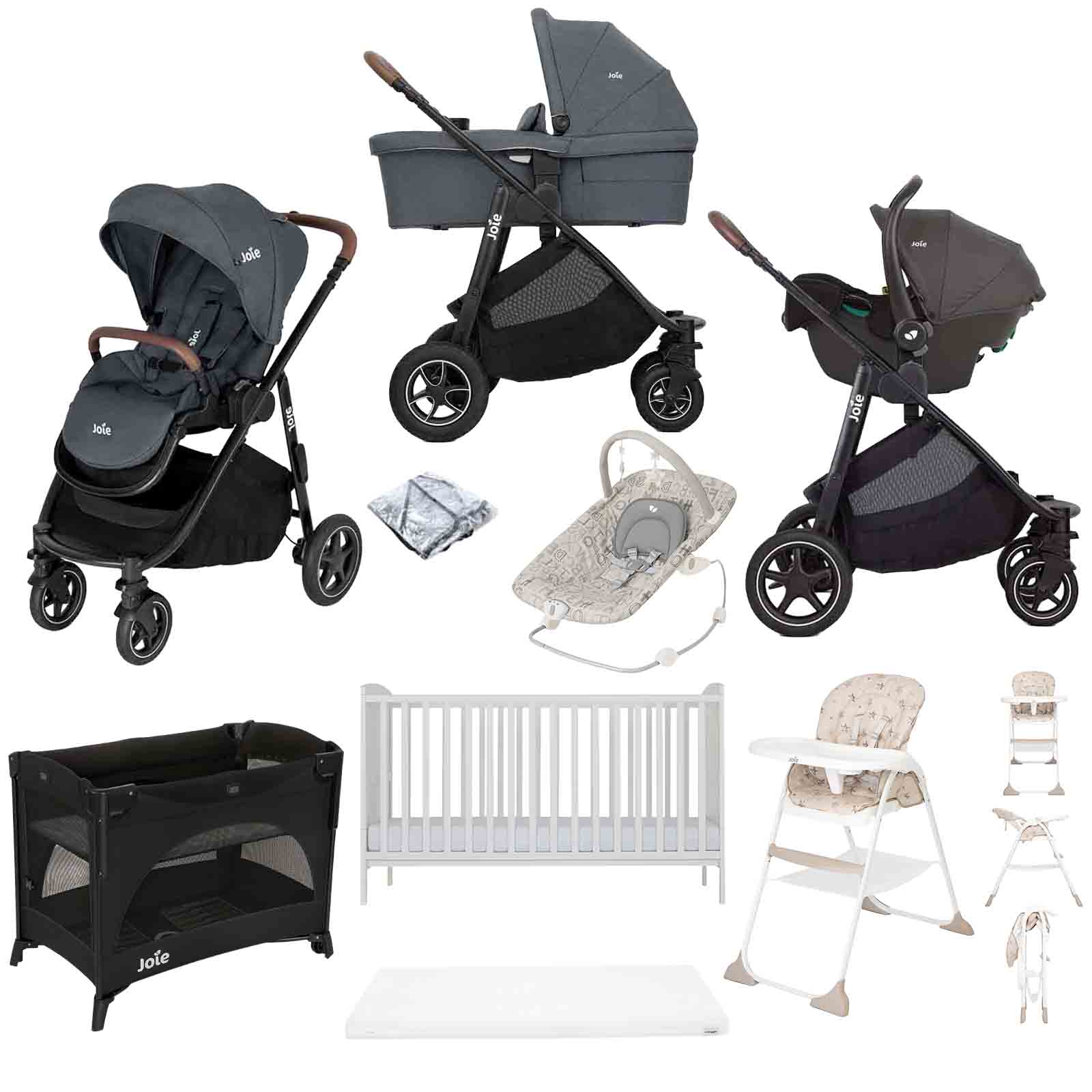 Joie Versatrax Travel System with Henbury Cot Bed & Mattressw 8-Piece Bundle - Moonlight