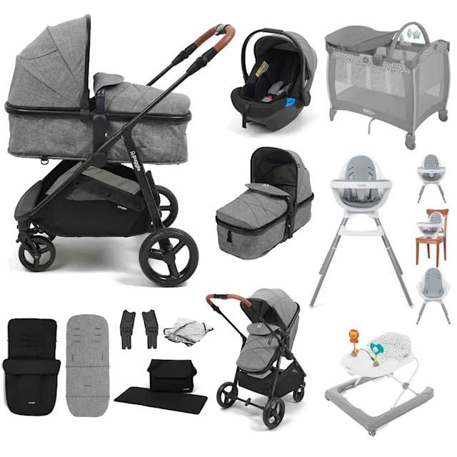 Puggle Monaco XT 2-in-1 Travel System with Car Seat, 10 Pcs Everything You Need Bundle - Graphite Grey