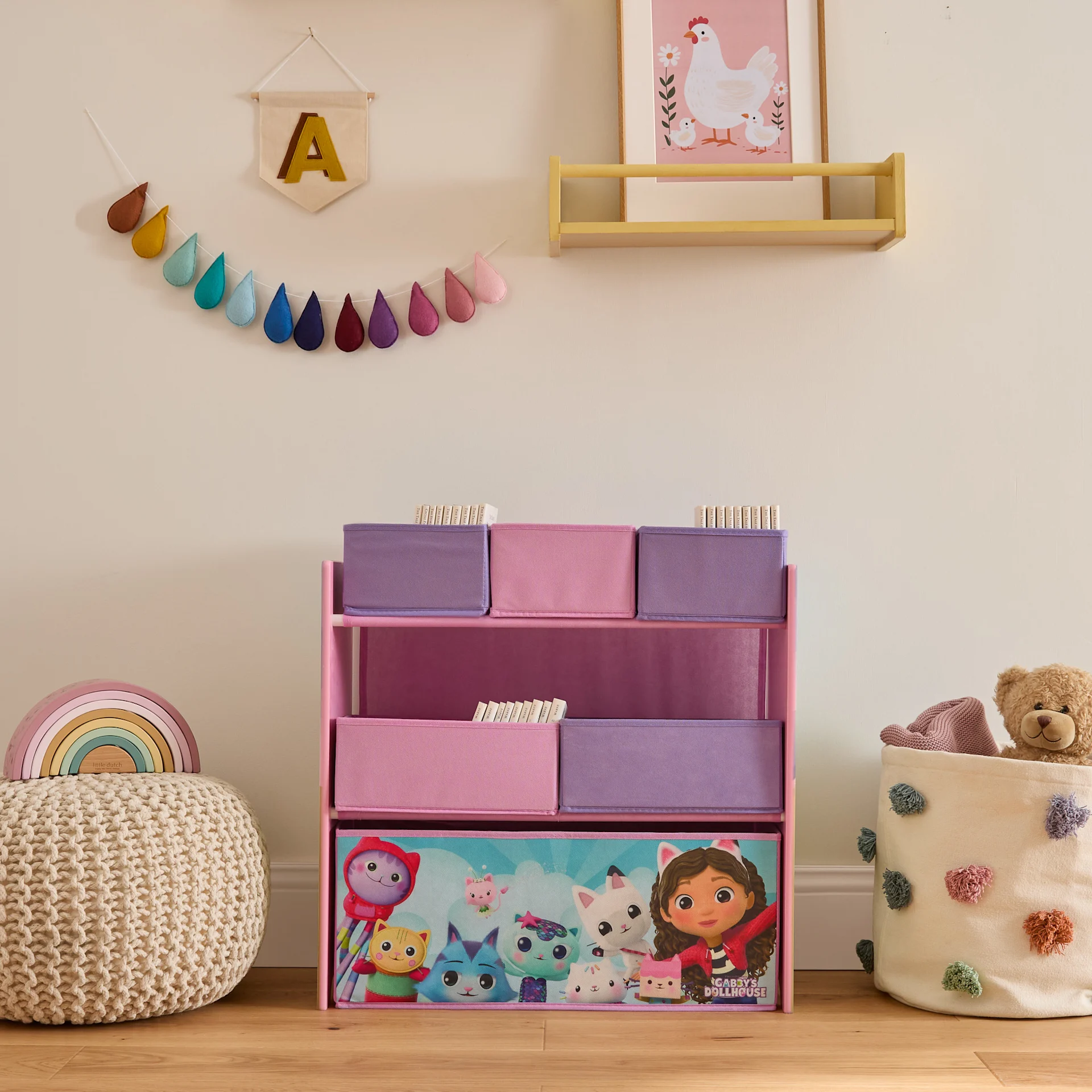 Gabby's Dollhouse Wooden Toy Organiser with Storage Bins