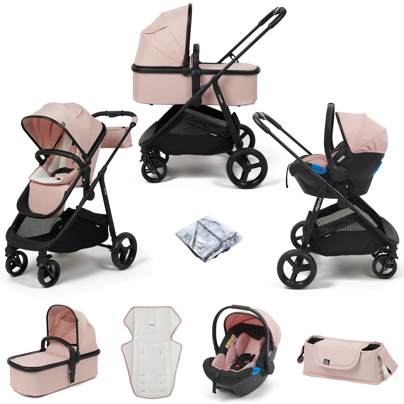 Puggle Monaco XT 3 in 1 Travel System with Organiser Blush Pink The Nursery Store