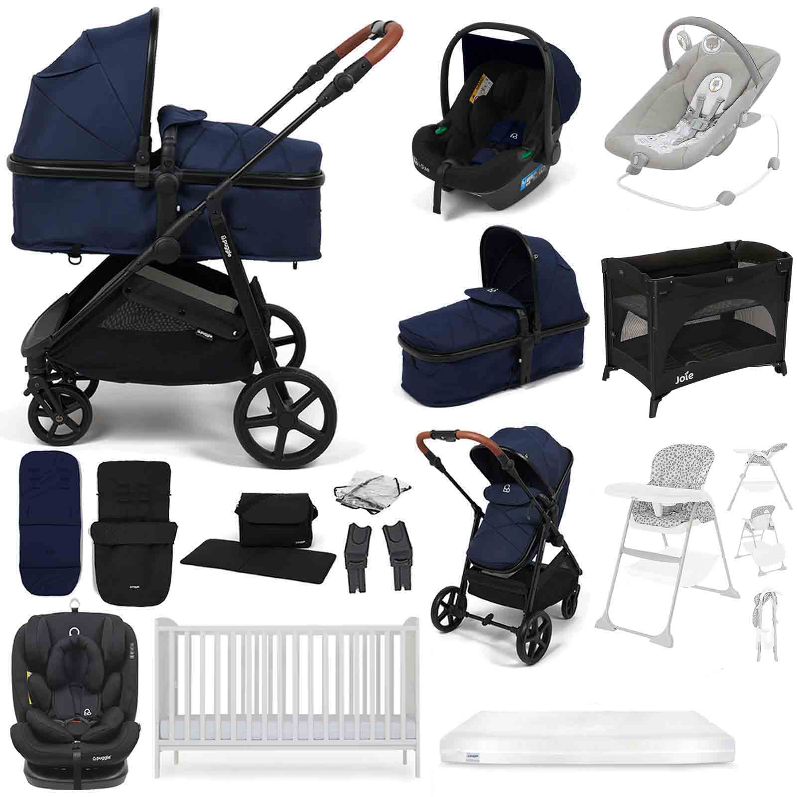 Puggle Monaco XT i-Size Travel System with Henbury Cot Bed & Mattress 15-Piece Bundle - Navy