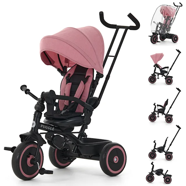 Puggle Easy Twist 6-in-1 Folding Trike with Handle and Rain Cover - Rose Pink (9 Months - 5 Years)
