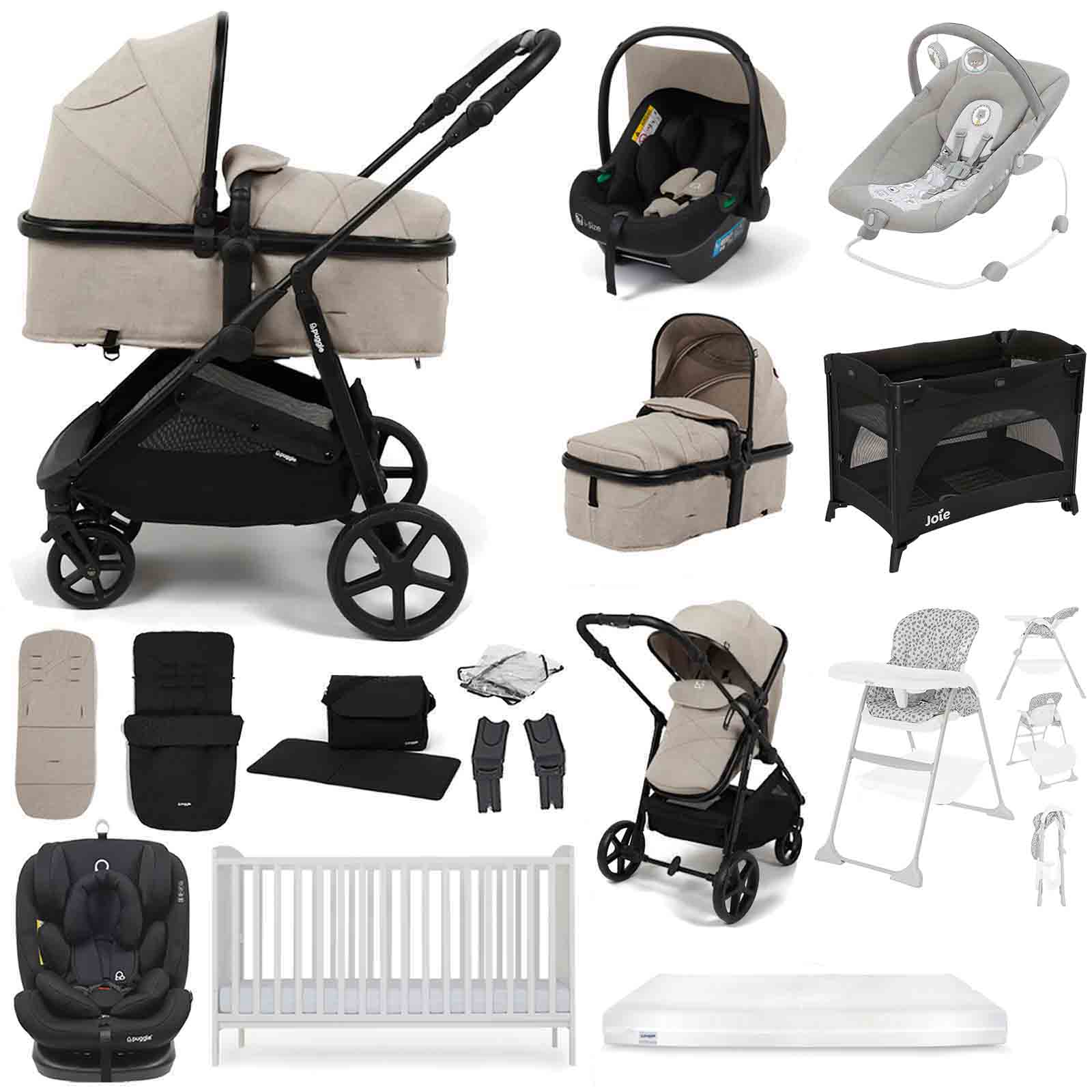 Puggle Monaco XT i-Size Travel System with Henbury Cot Bed & Mattress 15-Piece Bundle - Cashmere