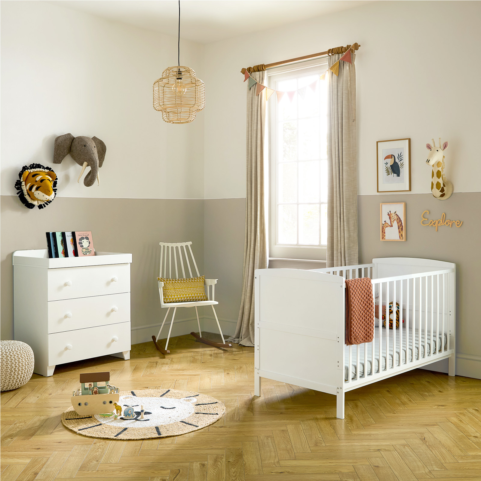 Puggle Henbury Cot Bed with Eco Fibre Maxi Air Sprung Mattress, 3-Piece Nursery Furniture Set - Classic White